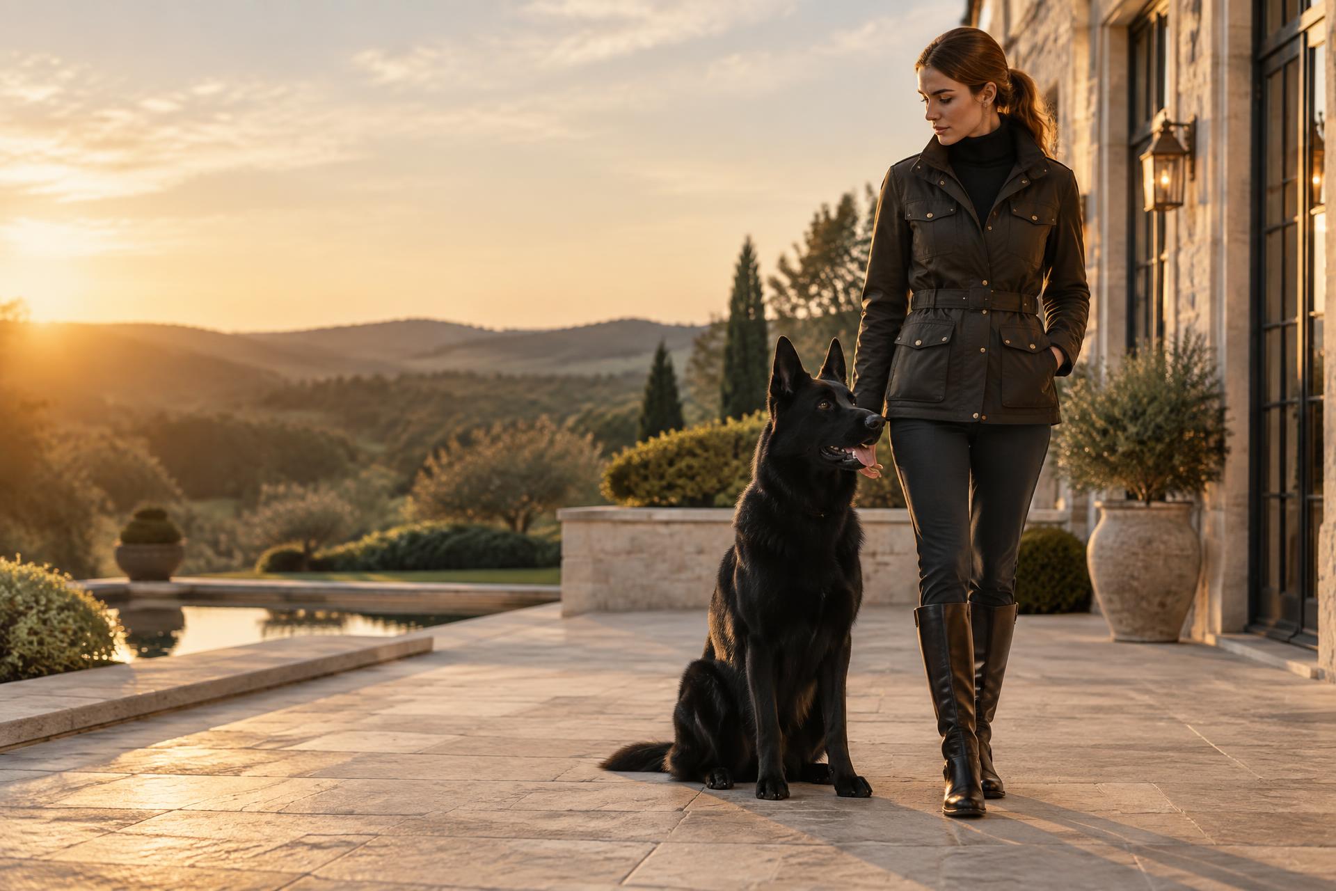 A composed black German Shepherd beside a professional trainer