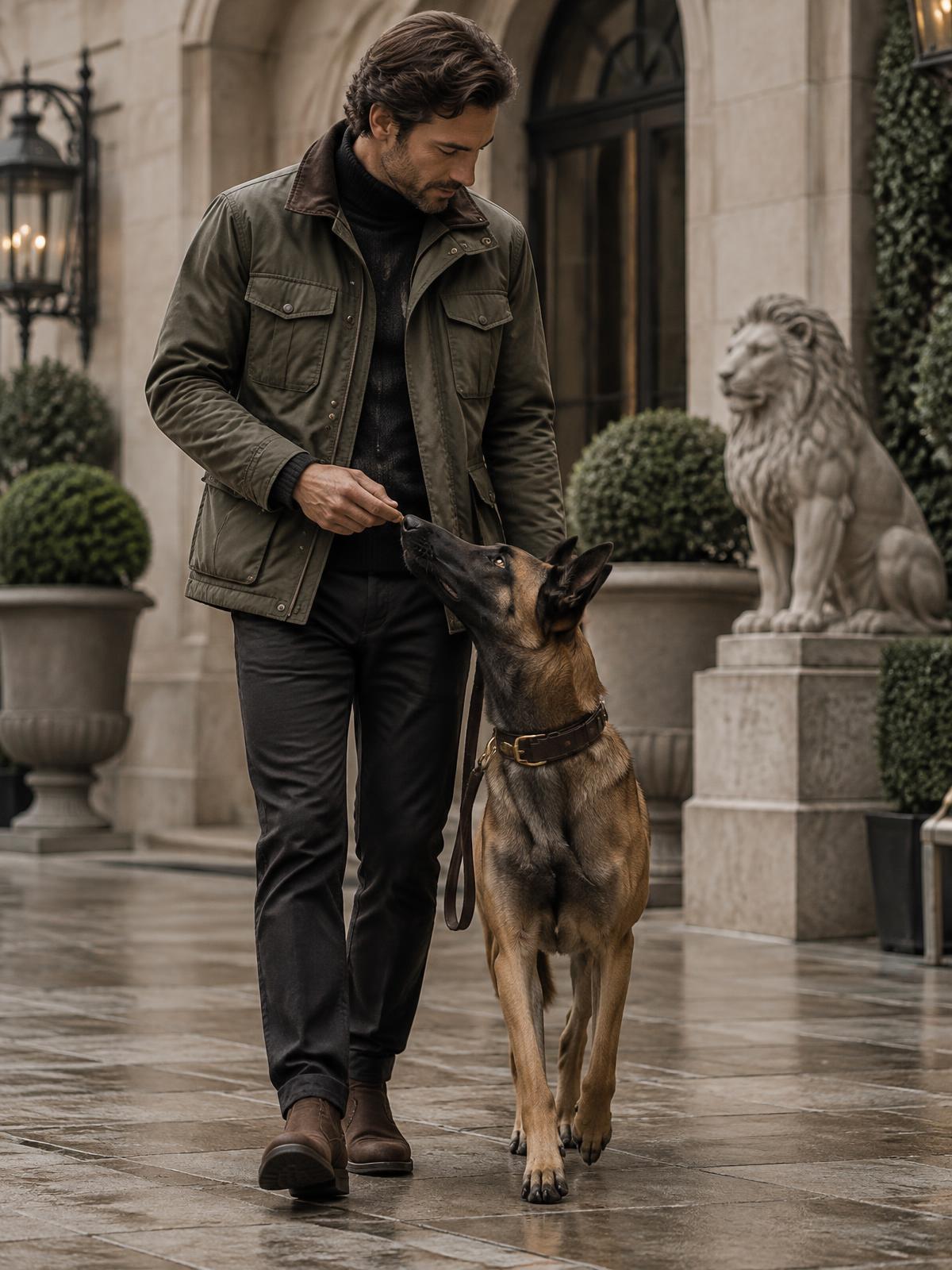 A trainer rewarding an attentive Belgian Malinois during a heel exercise